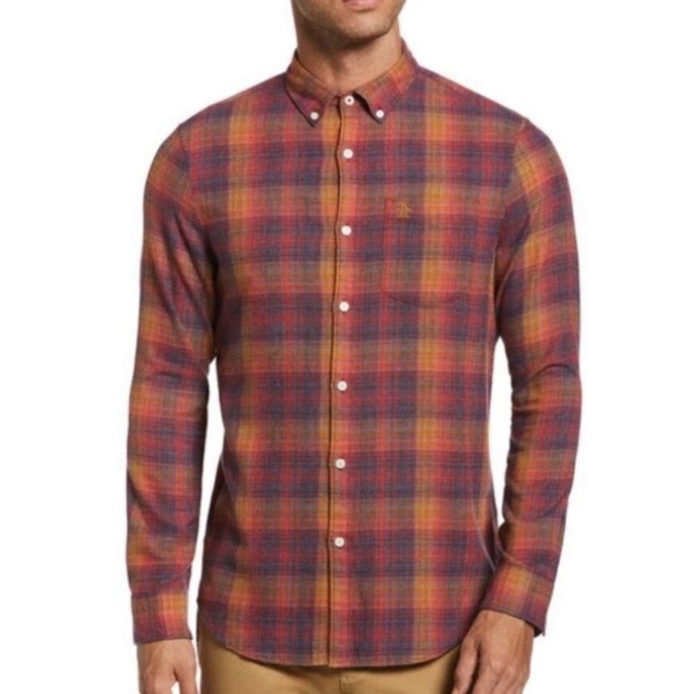 Penguin Plaid Flannel Button Shirt Mens XXL Orange Yellow Long Sleeve Classic